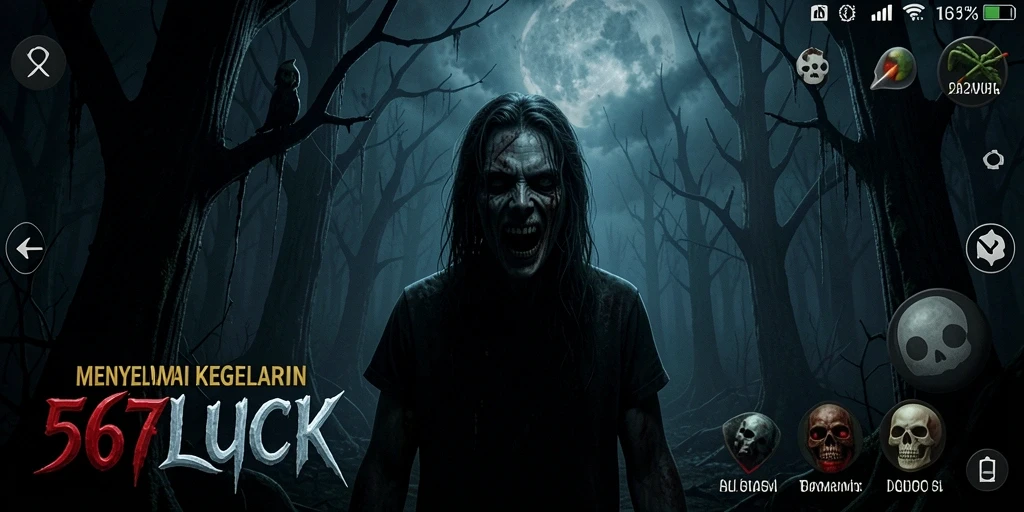 Screenshot gameplay menggambarkan suasana mencekam dalam 567LUCK.
