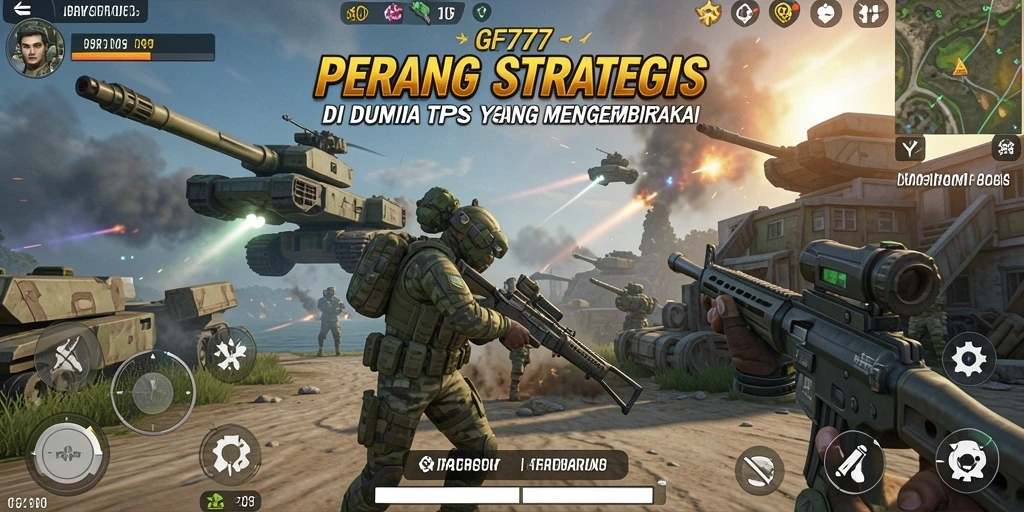 Screenshot gameplay <strong>GF777</strong> menampilkan aksi pertempuran TPS yang intens dan mendebarkan.