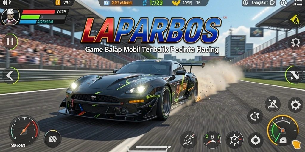 Screenshot gameplay LAPARBOS menampilkan balapan mobil yang penuh aksi.