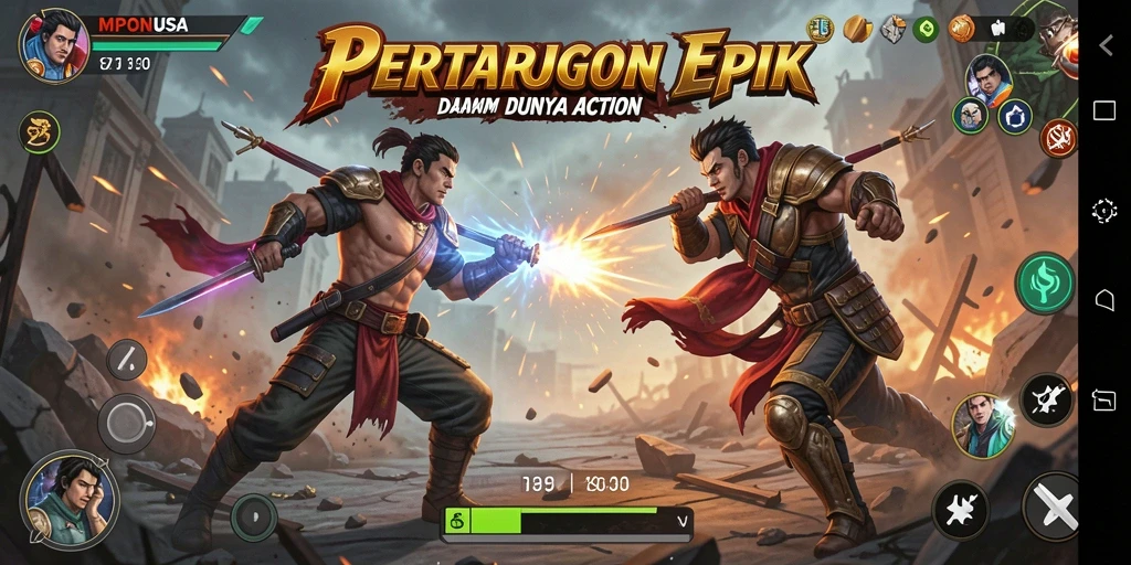 Tangkapan layar utama <strong>MPONUSA</strong> menampilkan pertempuran aksi yang mendebarkan.