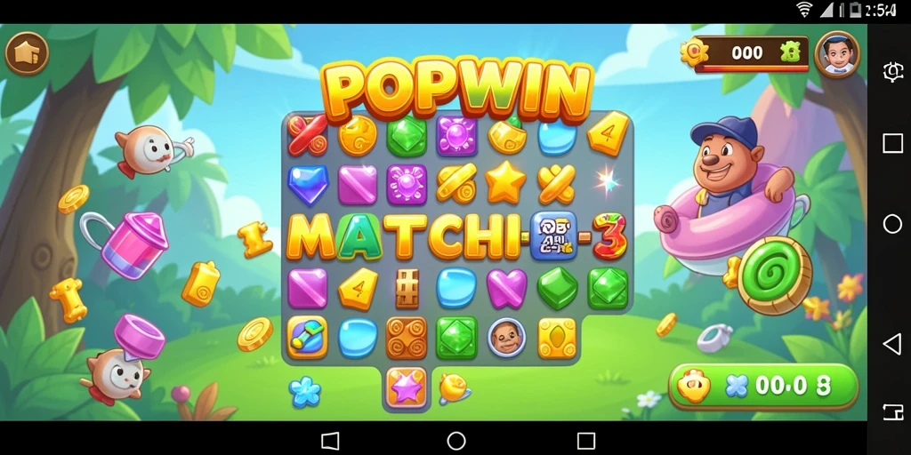 Tampilan gameplay POPWIN yang memikat dengan permata berwarna-warni.