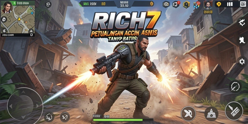 Gameplay RICH7 yang penuh aksi menampilkan pertarungan seru.
