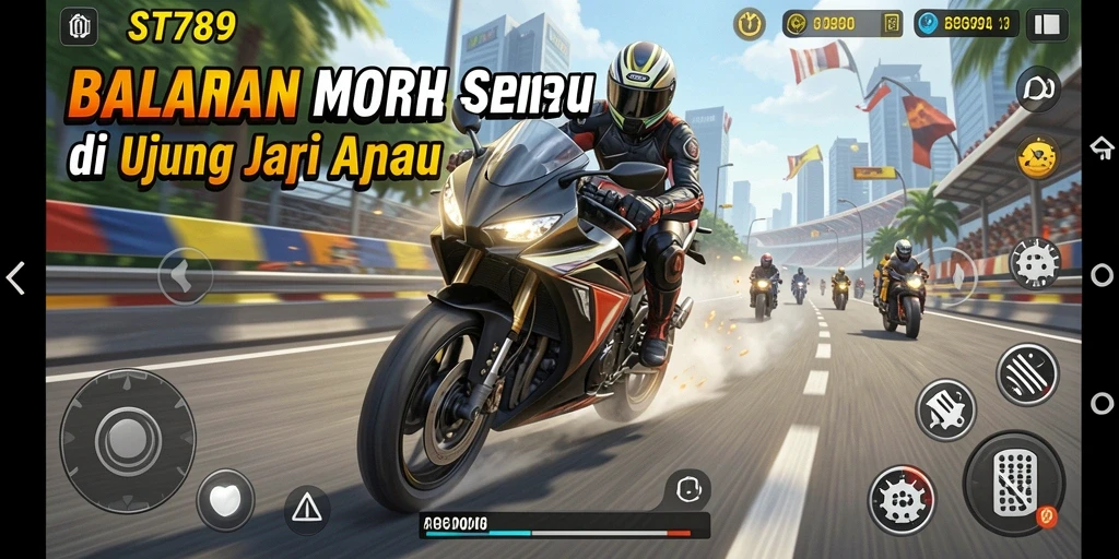 Tampilan utama gameplay ST789 menampilkan aksi balapan motor yang mendebarkan.