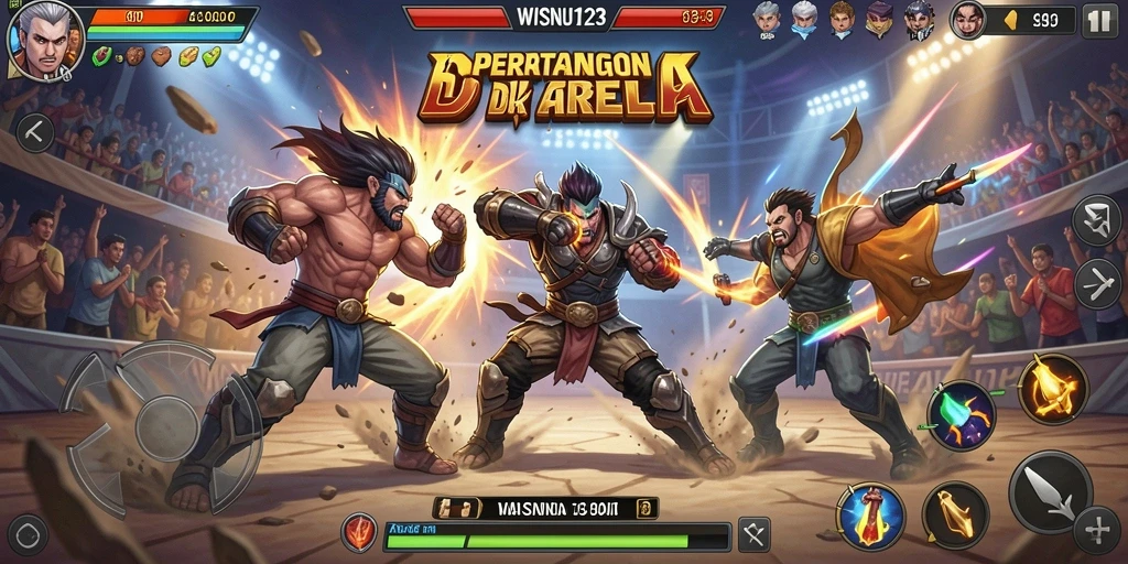 Screenshot utama WISNU123 menampilkan pertarungan intens di arena.